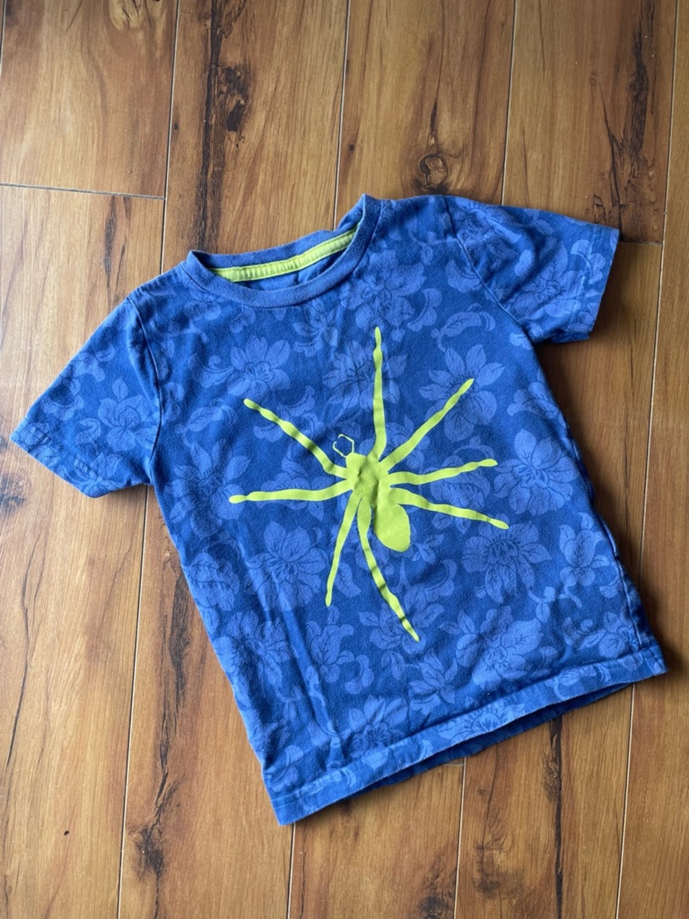 Mini Boden Blue Short Sleeve Tee with Neon Green Spider Motif